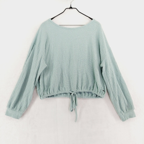 Hollister Teal Waffle Knit Cinched Waist Long Sleeve Crop Fit Sweater P2903 - Picture 1 of 8